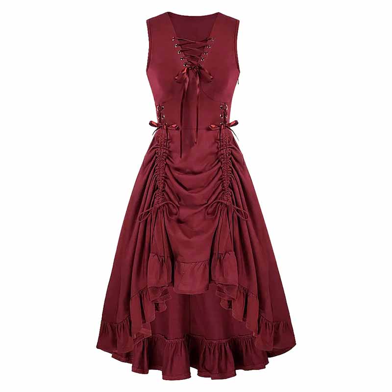 Renaissance Retro High Waist V Neck Sleeveless Dress, Red / XL (Bust 41.5-43 inch)