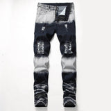 Retro Colorblock Zipper Design Elastic Ripped Jeans 01 | Gthic.com