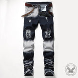 Retro Colorblock Zipper Design Elastic Ripped Jeans 02 | Gthic.com