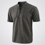 Retro Lace-Up Stand Collar Solid Color Henley Shirt