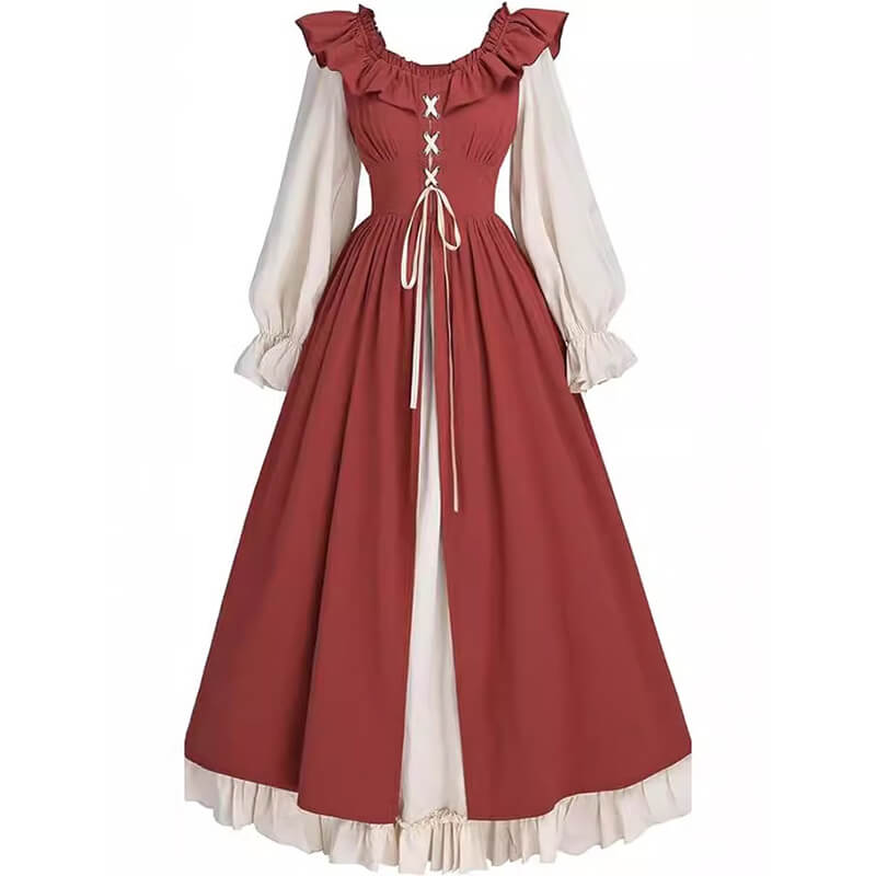 Retro Medieval Ruffle Colorblock Lace-Up Dress, Orange / XL (Bust 96 cm) Retro Medieval Ruffle Colorblock Lace-Up Dress, Orange / XL (Bust 96 cm)