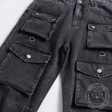 Retro Multi-Pocket Strappy Wide-Leg Cargo Jeans