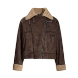 Retro Stand Collar Diagonal Zipper Suede Motorcycle Jacket | Gthic.com