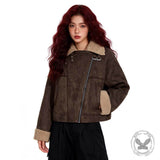 Retro Stand Collar Diagonal Zipper Suede Motorcycle Jacket | Gthic.com