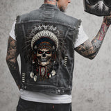Retro Tribal Skull Print Lapel Motorcycle Denim Vest | Gthic.com