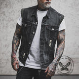 Retro Tribal Skull Print Lapel Motorcycle Denim Vest | Gthic.com
