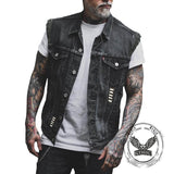 Retro Tribal Skull Print Lapel Motorcycle Denim Vest | Gthic.com