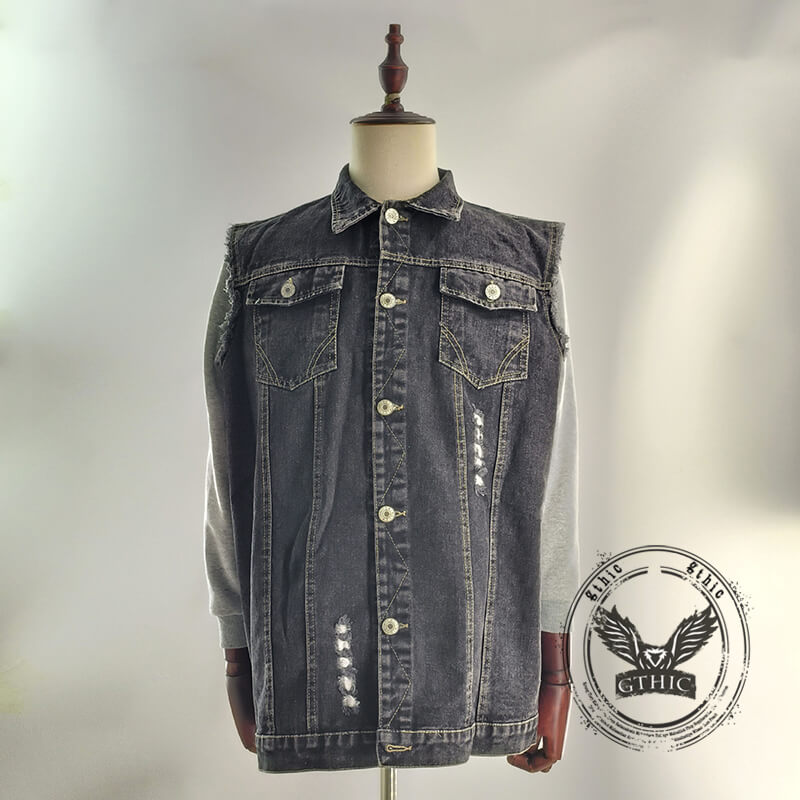 Retro Tribal Skull Print Lapel Motorcycle Denim Vest – GTHIC