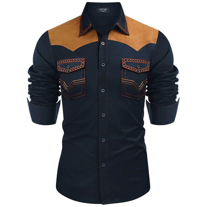 fitted lace wedding dress Vintage Embroidered Western Cowboy Shirt (US Only) Navy Blue / L