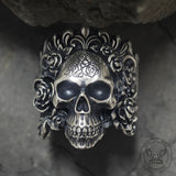 Rose Vine Pattern Skull Sterling Silver Ring