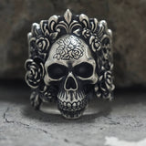 Rose Vine Pattern Skull Sterling Silver Ring