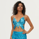 Sequin Butterfly Adjustable Tie Cropped Top | Gthic.com