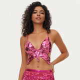 Sequin Butterfly Adjustable Tie Cropped Top | Gthic.com
