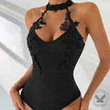 Sexy Black Halterneck Lace Jacquard Jumpsuit | Gthic.com