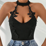 Sexy Black Halterneck Lace Jacquard Jumpsuit | Gthic.com