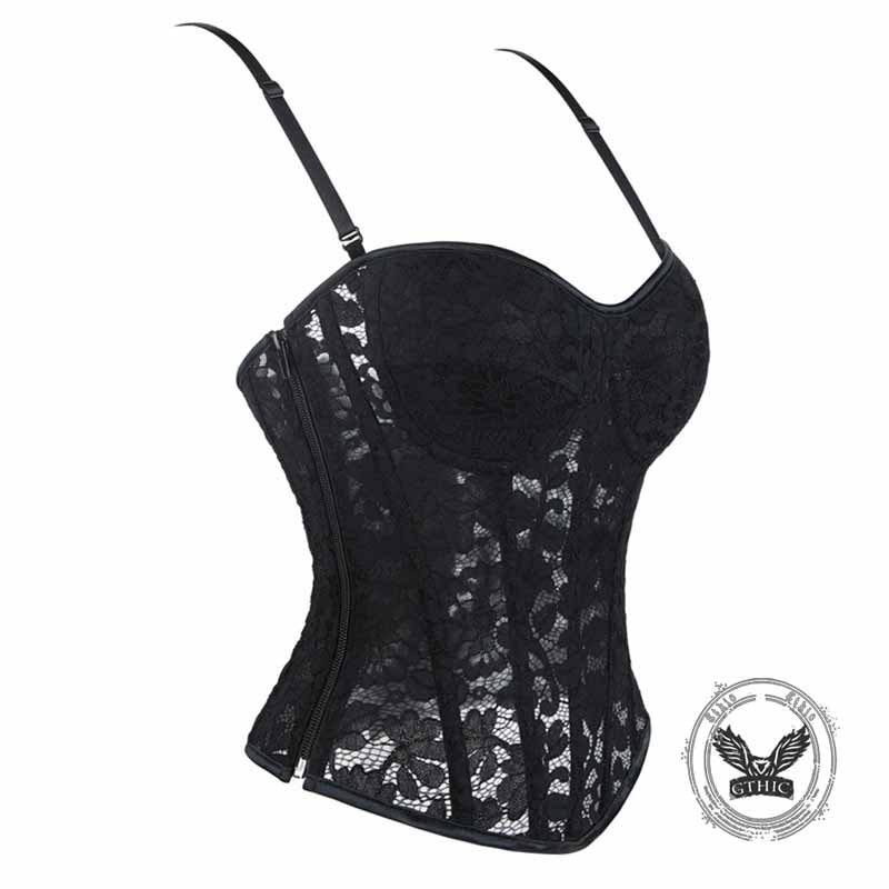 Lace Mesh Side Zipper Suspender Corset, Black / S (Bust 80-85 cm) - Back Order Lace Mesh Side Zipper Suspender Corset, Black / S (Bust 80-85 cm) - Back Order