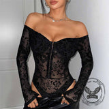 Sexy Off-Shoulder Dragon Pattern Translucent Bodysuit | Gthic.com