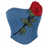 Sexy Rose Pattern Blue Denim Corset 01 | Gthic.com