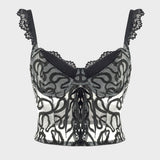 Sexy Sheer Mesh Embroidered Lace-Up Camisole | Gthic.com