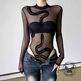 Sexy Sheer Snake Print Crew Neck Mesh Bodysuit 01 | Gthic.com