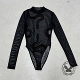 Sexy Sheer Snake Print Crew Neck Mesh Bodysuit