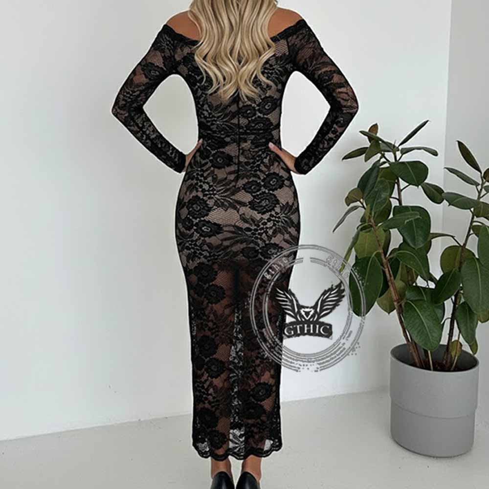 black lace see through dress Off-Shoulder Lace Maxi Dress Black / 2XL