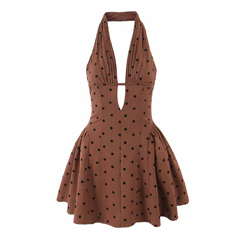V-Neck Pleated Waist Halter Formal Dress, Coffee / M (Bust 80 cm)