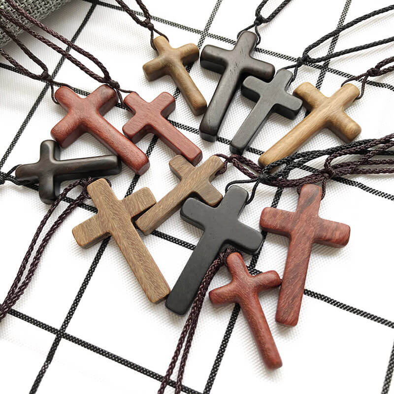 Unisex Wood Cross Pendant Necklace - Sandalwood Bead Chain - Brown Multi-Color