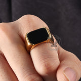 Simple Smooth Black Gemstone Stainless Steel Ring