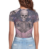 Skeleton is Reading With Flower Tight Navel-Exposed Crop T-Shirt | Gthic.com