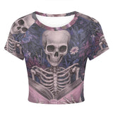 Skeleton is Reading With Flower Tight Navel-Exposed Crop T-Shirt | Gthic.com
