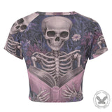 Skeleton is Reading With Flower Tight Navel-Exposed Crop T-Shirt | Gthic.com