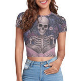 Skeleton is Reading With Flower Tight Navel-Exposed Crop T-Shirt | Gthic.com