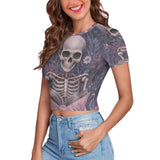 Skeleton is Reading With Flower Tight Navel-Exposed Crop T-Shirt | Gthic.com
