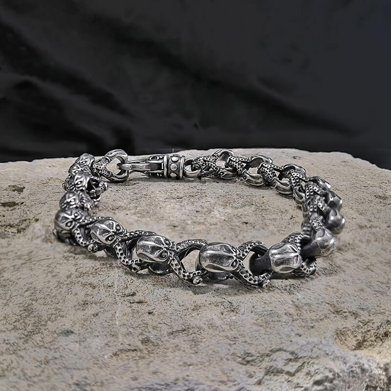 Men's Heavy Cuban Curb Chain Skull Cross Bracelet – Stainless Steel Biker Cuff 8.7"