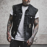 Skull Rebel Print Lapel Biker Denim Vest | Gthic.com