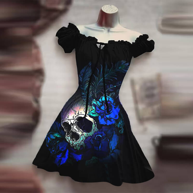 Skull Rose Bat Print Puff Sleeve Mini Dress, B / 3XL Skull Rose Bat Print Puff Sleeve Mini Dress, B / 3XL