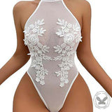Slim Fit Sexy See-Through Embroidery Halter Neck Bodysuit | Gthic.com