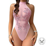 Slim Fit Sexy See-Through Embroidery Halter Neck Bodysuit | Gthic.com