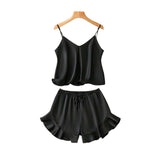 Solid Casual Suspender Pajamas Ruffled Shorts Set 03 | Gthic.com