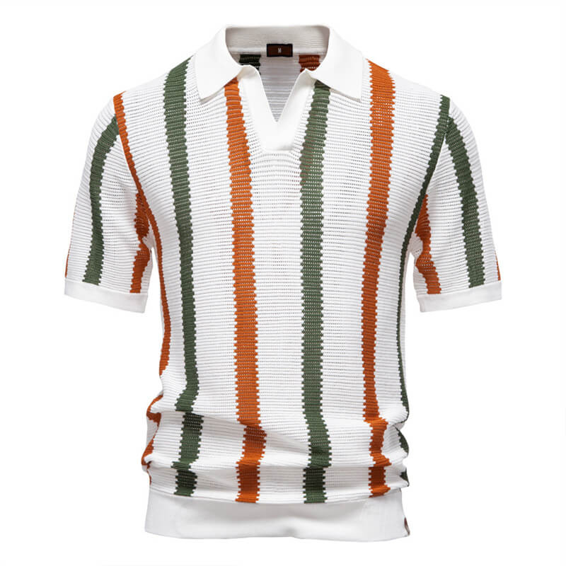 Fashion Vertical Striped Hollow Knitted Polo Shirt – GTHIC