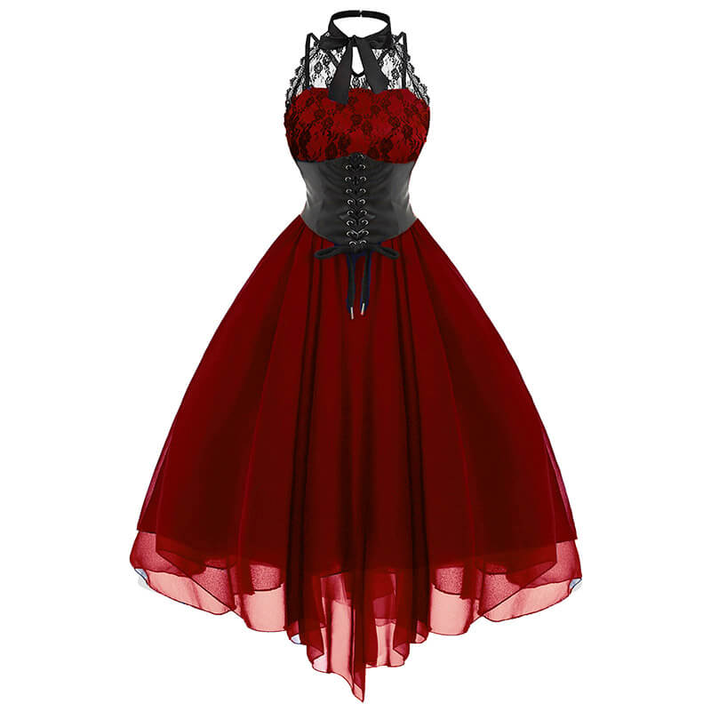 Solid Color Lace Bow Gauze Dress, Red / L ( Bust 100 cm) Solid Color Lace Bow Gauze Dress, Red / L ( Bust 100 cm)