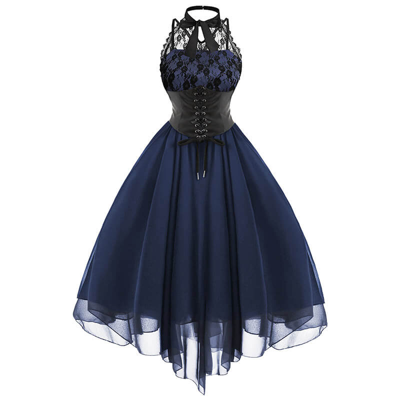 Solid Color Lace Bow Gauze Dress, Blue / S ( Bust 92 cm) Solid Color Lace Bow Gauze Dress, Blue / S ( Bust 92 cm)