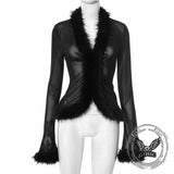 Solid Color V-Neck Mesh Plush Edge Long Sleeve Top | Gthic.com