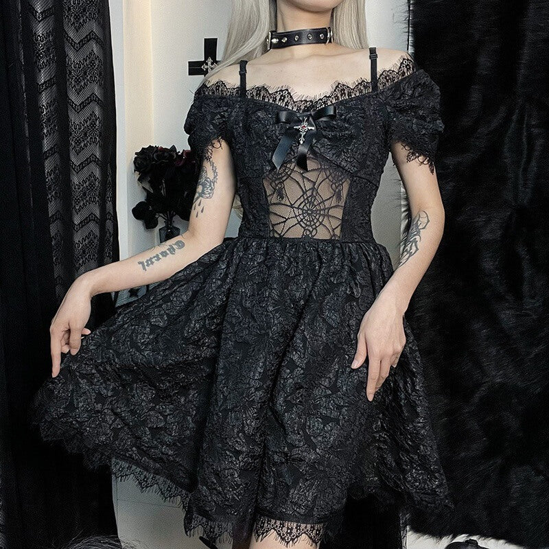 Spider Web Mesh Lolita Gothic Mini Dress, Black / M (Waist 66-74) Spider Web Mesh Lolita Gothic Mini Dress, Black / M (Waist 66-74)