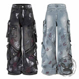 Street Multi-Pocket Deconstructed Graffiti Loose Jeans 01 | Gthic.com