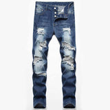 Street Retro Blue Button Ripped Straight Jeans 01 | Gthic.com