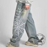 Street Style Spider Web Print Wide-Leg Baggy Jeans | Gthic.com