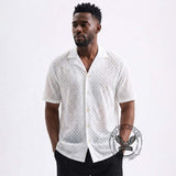 Stylish Jacquard Semi-Sheer Short-Sleeve Lapel Shirt | Gthic.com