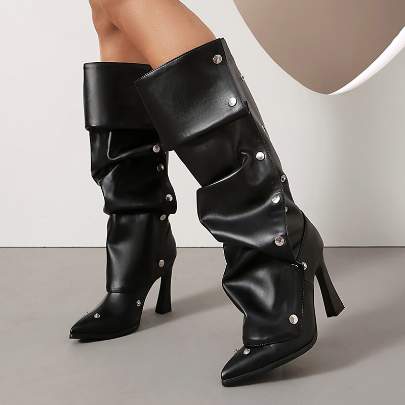 Studded Pointed Boots｜スタッズショートブーツ Stylish Pointed-Toe Studded Stacking Stiletto High Boots – GTHIC